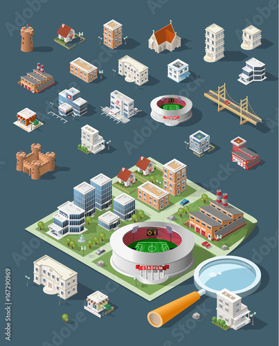 Set of Isolated High Quality Isometric City Elements . Harbor with Shadows on Dark Background