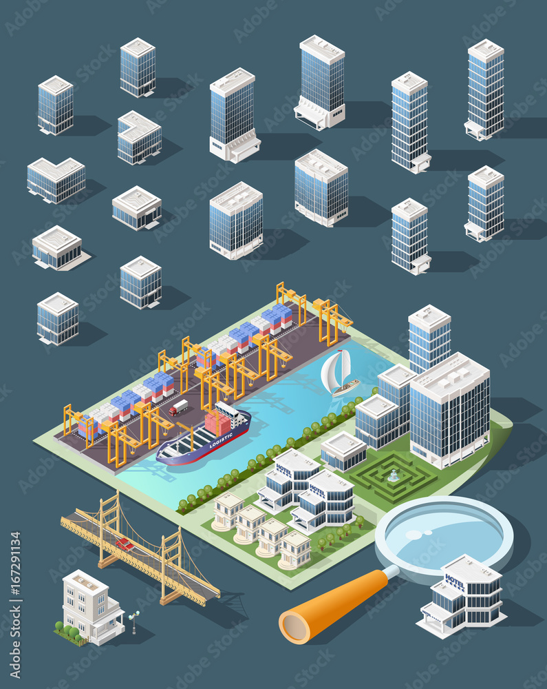 Set of Isolated High Quality Isometric City Elements . Harbor with Shadows on Dark Background