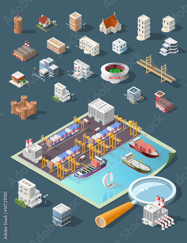 Set of Isolated High Quality Isometric City Elements . Harbor with Shadows on Dark Background