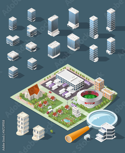 Set of Isolated High Quality Isometric City Elements . Harbor with Shadows on Dark Background