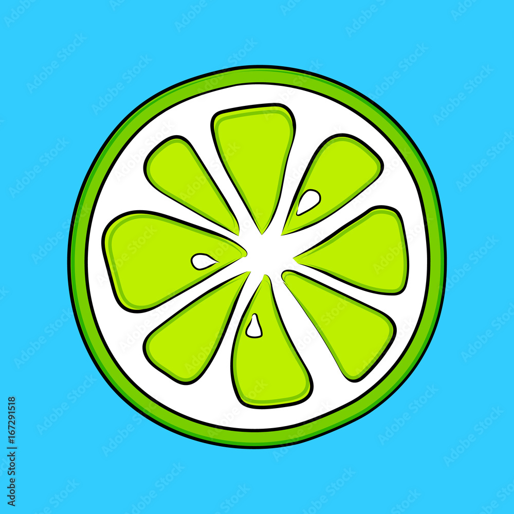Juicy hand drawn lime on blue background. Vector. Juicy hand drawn lime on blue background. Vector.