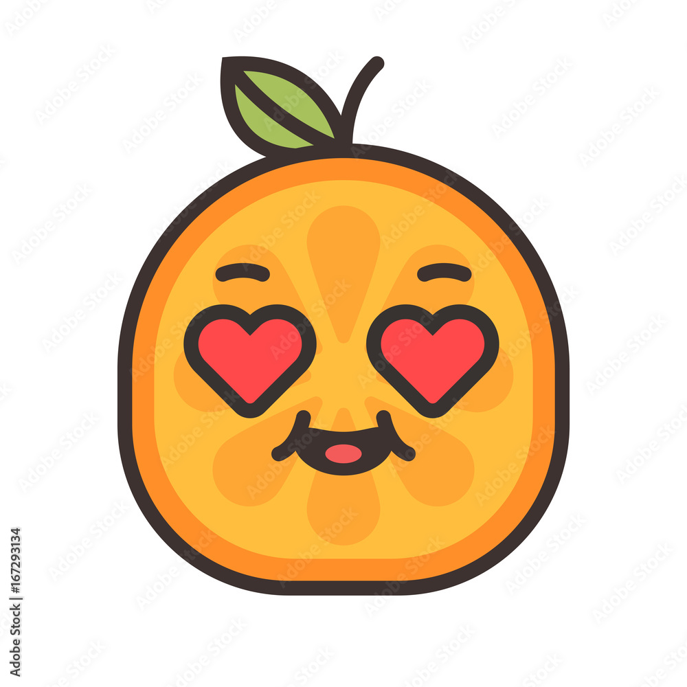 In love emoji. In love orange fruit emoji with the hearts instead of the eyes. Vector flat design emoticon icon isolated on white background. In love emoji. In love orange fruit emoji with the hearts instead of the eyes. Vector flat design emoticon icon isolated on white background.