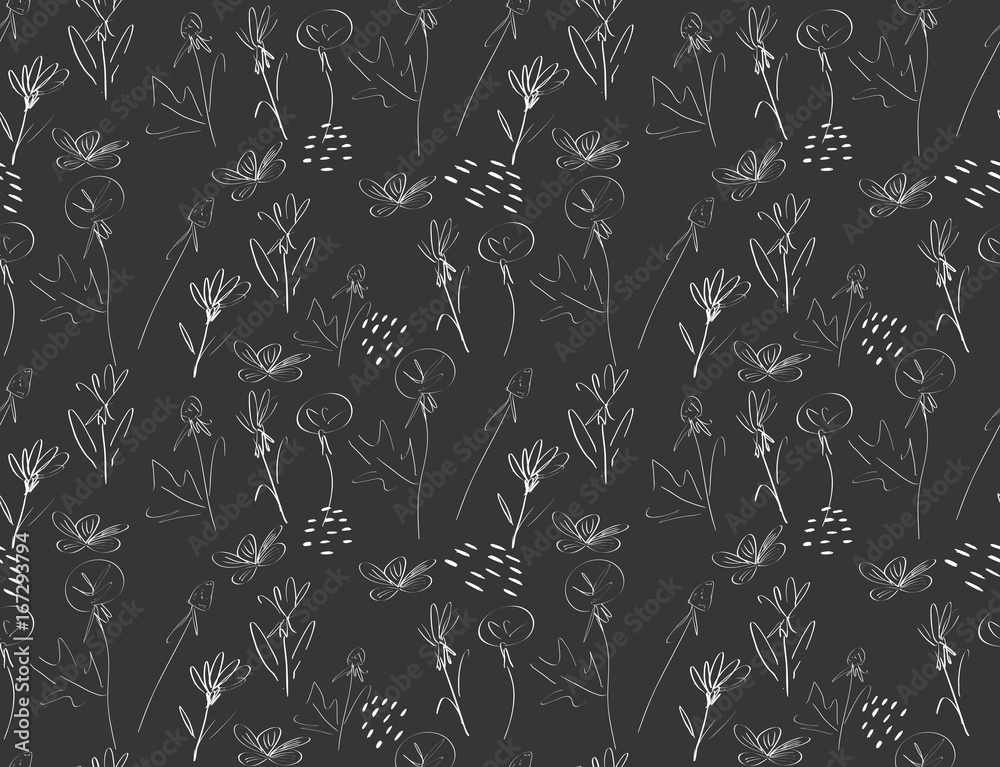 Sketched dandelion flower garden on black Sketched dandelion flower garden on black