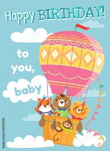 Birthday greeting cards with cute animals. Funny animals on hot air balloon. Vector illustration.