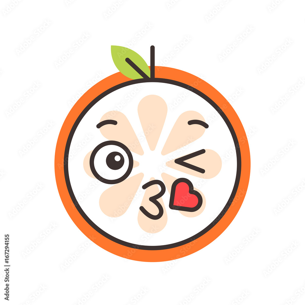 Kiss emoji. Kissing orange fruit emoji with heart. Vector flat design emoticon icon isolated on white background. Kiss emoji. Kissing orange fruit emoji with heart. Vector flat design emoticon icon isolated on white background.