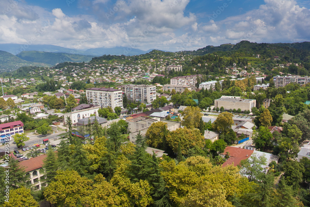 Day aerial cityscape of Sukhum downtown, Abkhazia in summer from the roof