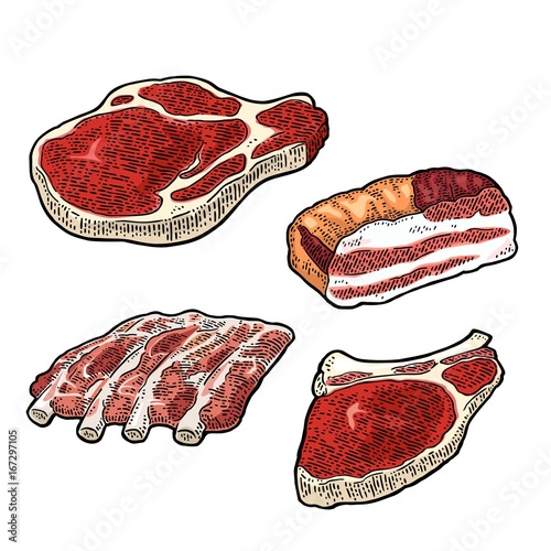 Set meat products. Vintage color vector engraving illustration.