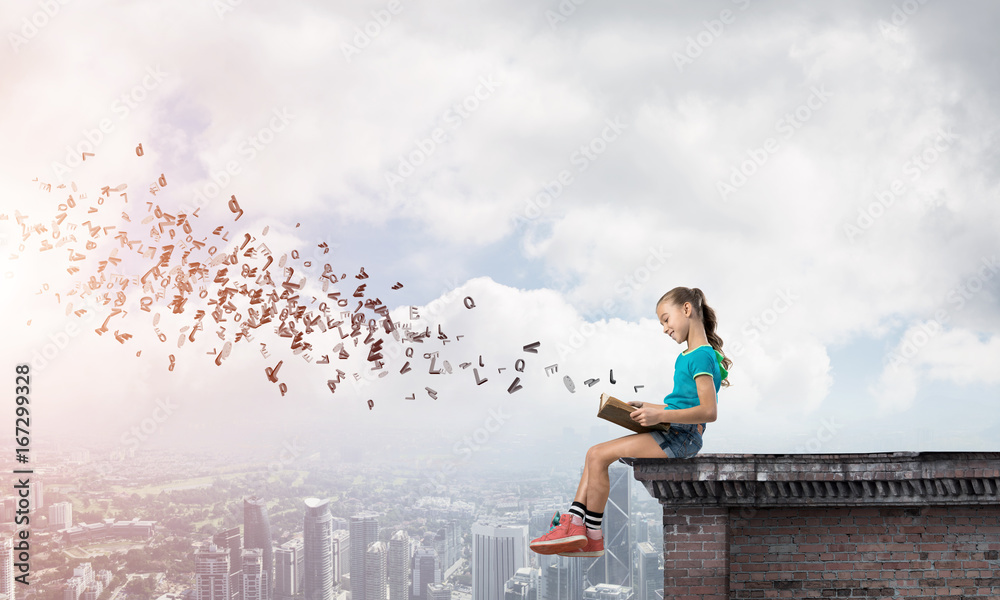 Concept of careless happy childhood with girl exploring this world Concept of careless happy childhood with girl exploring this world