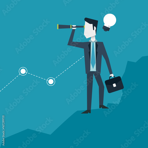 colorful background with businessman in growing process of idea with briefcase and monocular