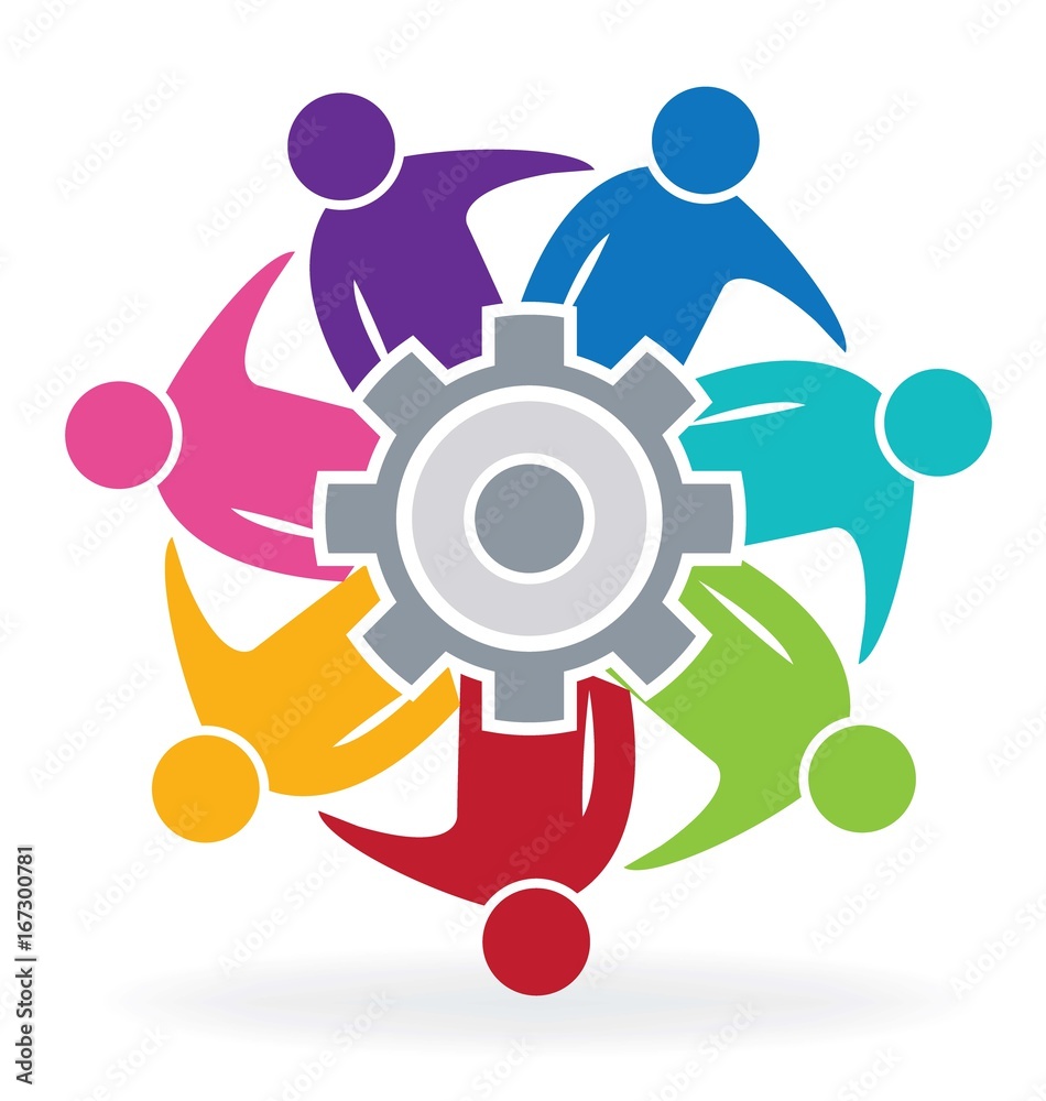 Teamwork group of business people with gear solution logo vector