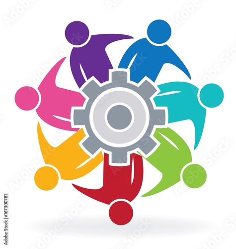 Teamwork group of business people with gear solution logo vector