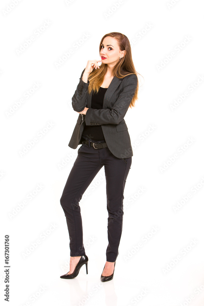 Dark blonde woman wearing smart casual outfit with hand on the chin on white background Dark blonde woman wearing smart casual outfit with hand on the chin on white background