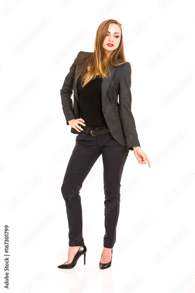 Dark blonde woman wearing smart casual outfit on white background Dark blonde woman wearing smart casual outfit on white background