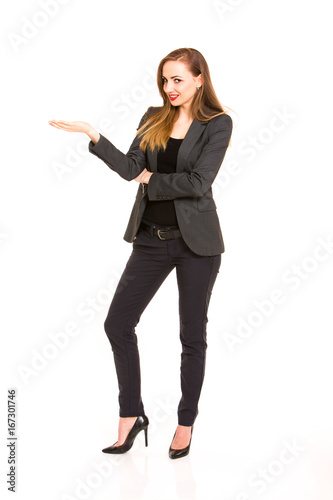 Dark blonde woman wearing smart casual outfit with holding hand on white background
