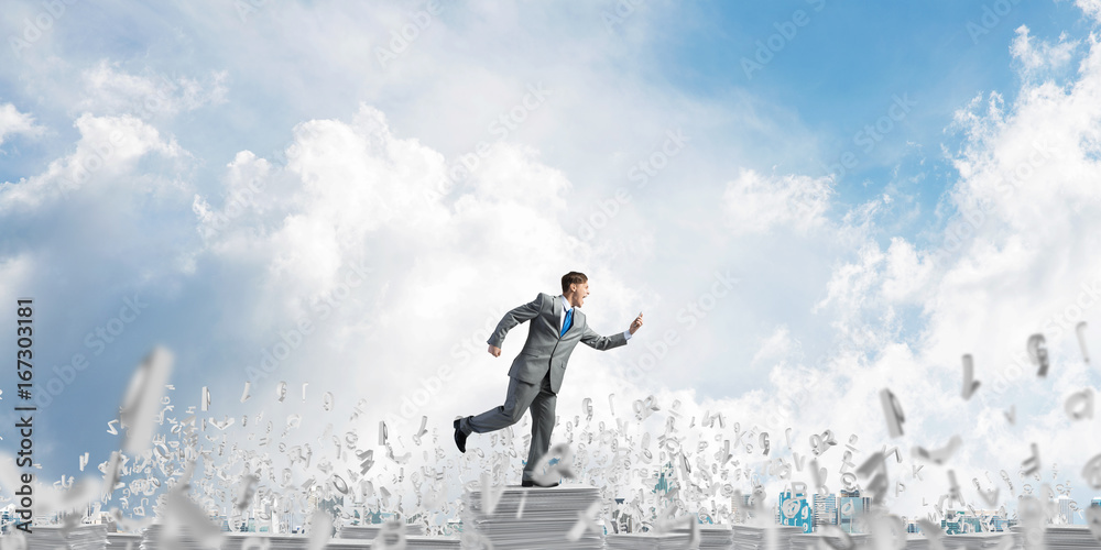 Precise businessman in suit running with phone. Precise businessman in suit running with phone.