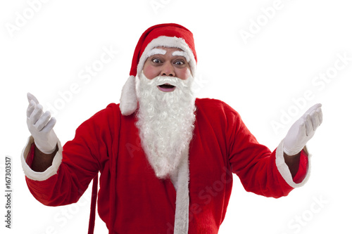 Portrait of surprised Santa Claus gesturing over white background 