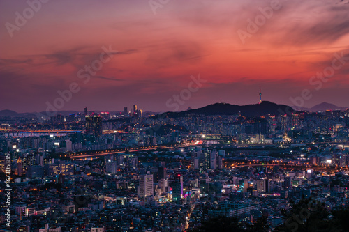 South Korea. Night view of Seoul city and skyline with skyscrapers.