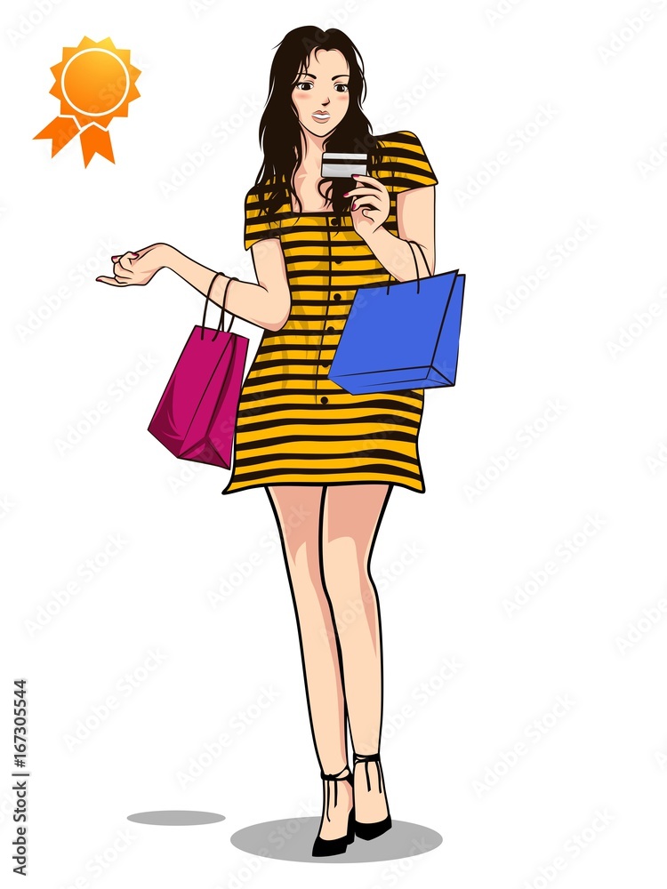 Happy Girl Shopping characters vector logo Illustration Happy Girl Shopping characters vector logo Illustration