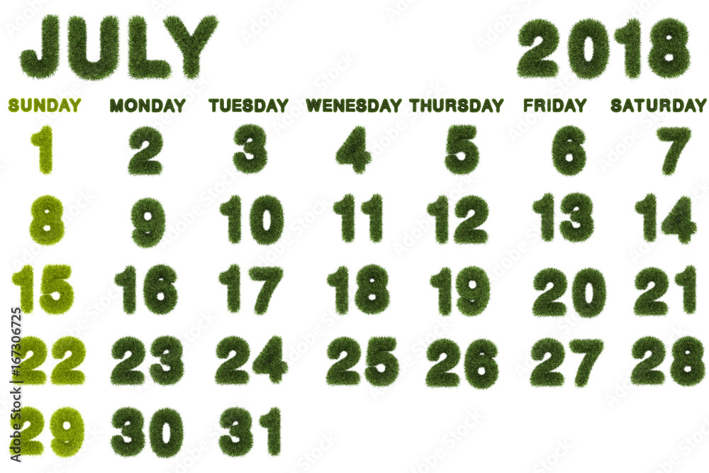 Calendar for July 2018 on white background,3d rendering green grass Calendar for July 2018 on white background,3d rendering green grass