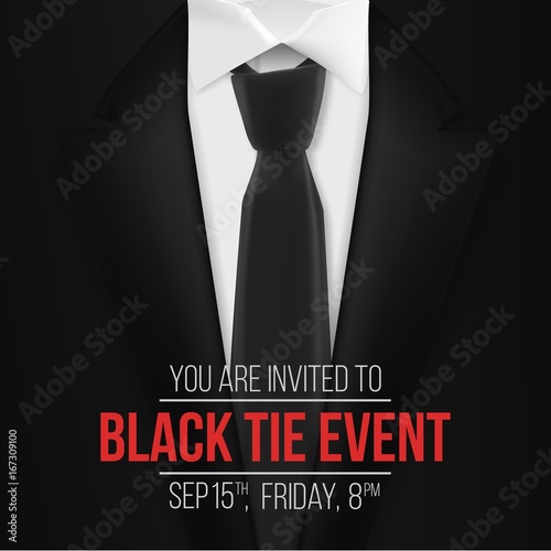 Illustration of Vector Black Suit. Black Tie Event Invitation Template. Realistic Vector 3D Mens Suit with Neck Tie