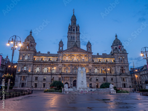 City Chambers in George Square in Glasgow Scotland at night.