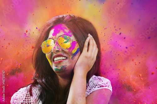 Photography Portrait of an Indian girl at Holi Color festival