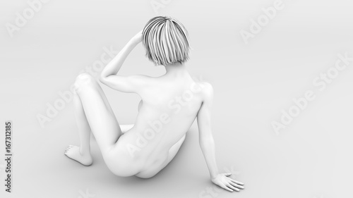 3D illustration of nude beautiful woman. Naked woman with perfect body sitting on the floor.