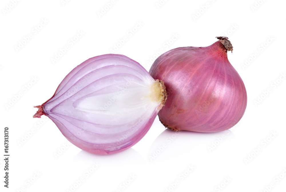 whole and half cut shallot on white background