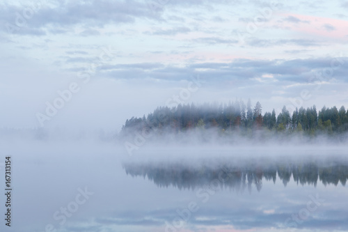 Calm foggy lake scape summer night © Juhku