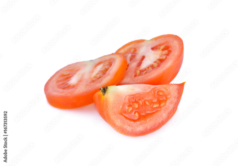 sliced fresh tomato on white background