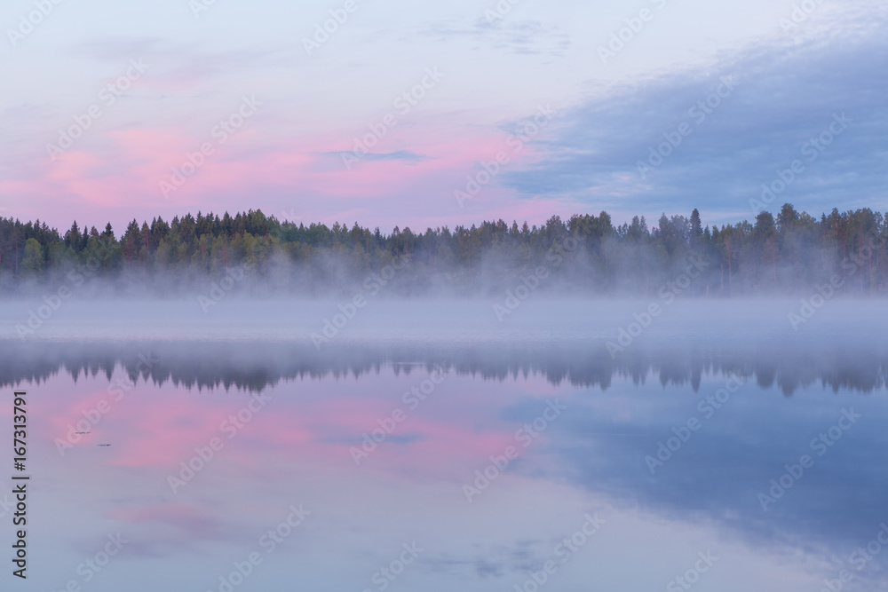 Fototapeta premium Calm foggy lake scape summer night