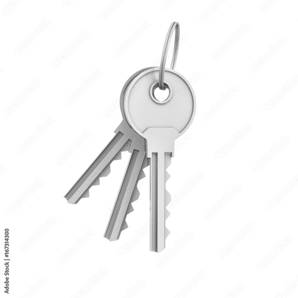 3d rendering of two isolated silver keys on a key ring 3d rendering of two isolated silver keys on a key ring