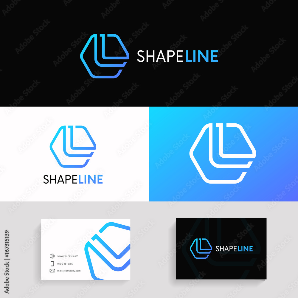 Clean L letter hexagon line logo icon sign with brand business card.