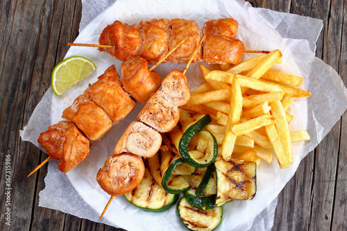 chicken shish kebabs with french fries