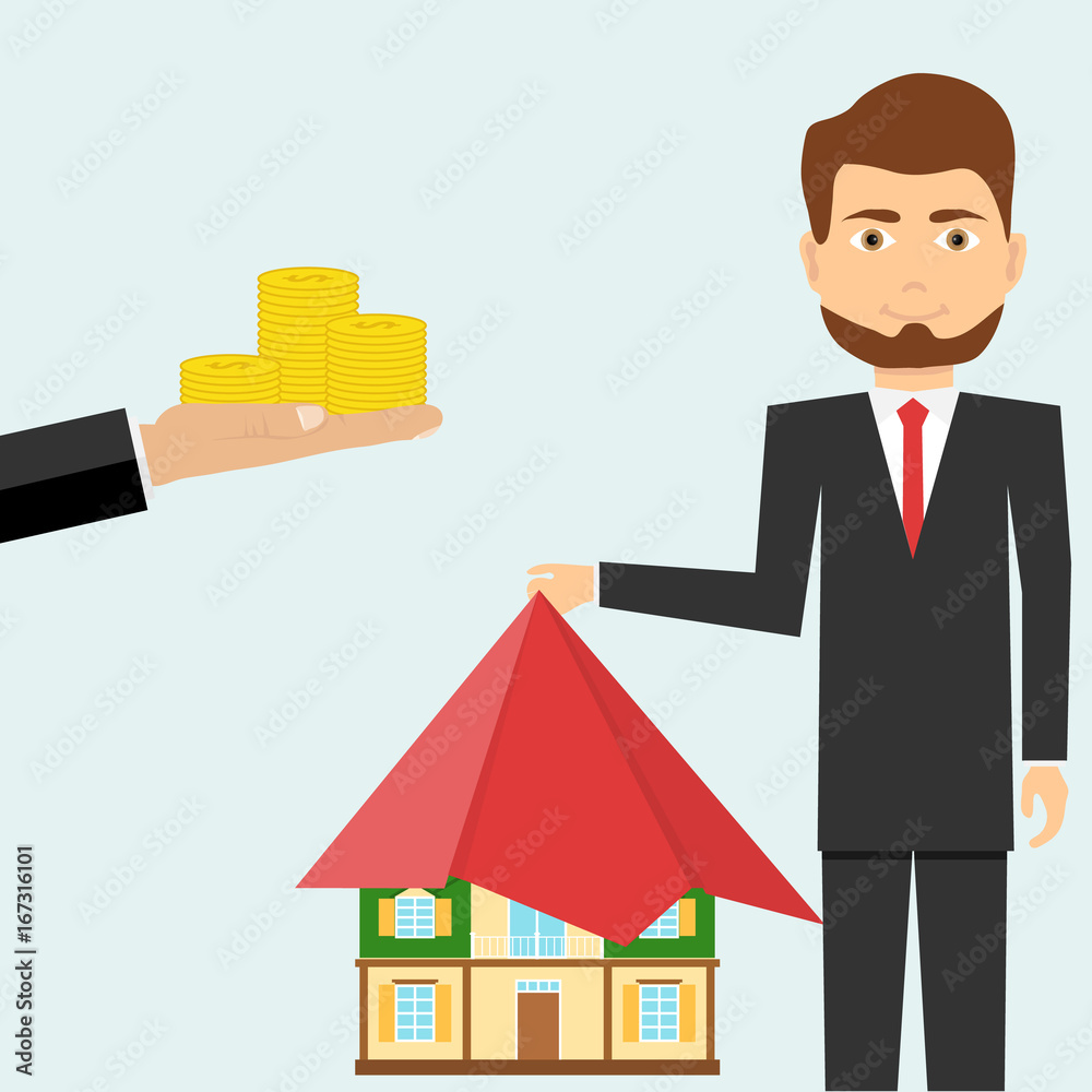 The hand extends money in exchange for real estate The hand extends money in exchange for real estate