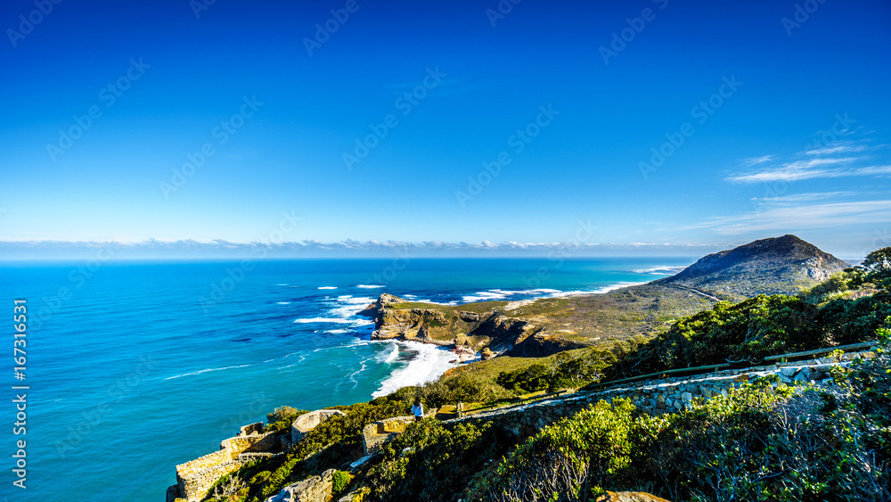 Rugged coastline and steep cliffs of Cape of Good Hope on the Atlantic Ocean side of the Cape Peninsula in South Africa