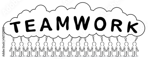 Eine Gruppe von Strichmännchen Hand in Hand mit Sprechblase „TEAMWORK“ / handgezeichnet, schwarz-weiß, Vektor, freigestellt