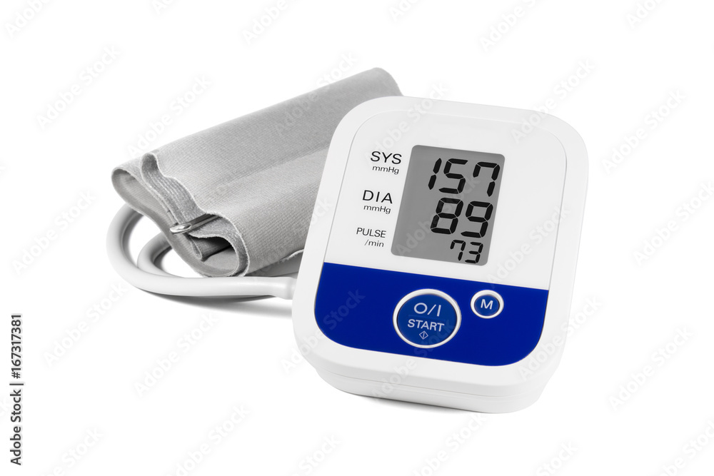 Blood pressure monitor with high blood pressure isolated on white Blood pressure monitor with high blood pressure isolated on white