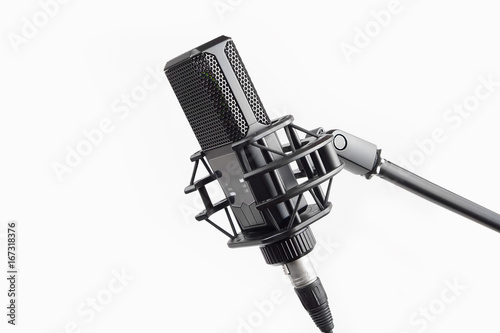 Professional studio microphone on stand, isolated on white background