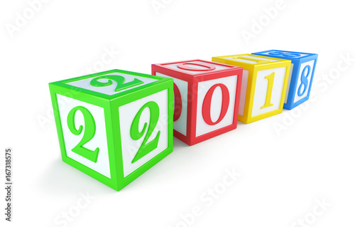 alphabet box 2018 new year's on a white background 3D illustration, 3D rendering