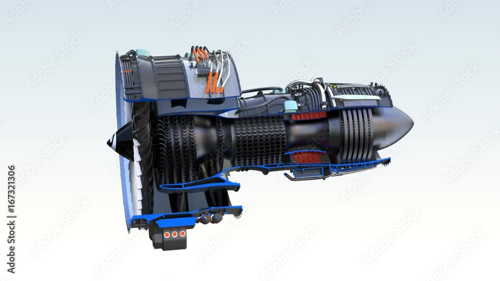 Cross section of turbofan jet engine with alpha channel. 3D rendering animation