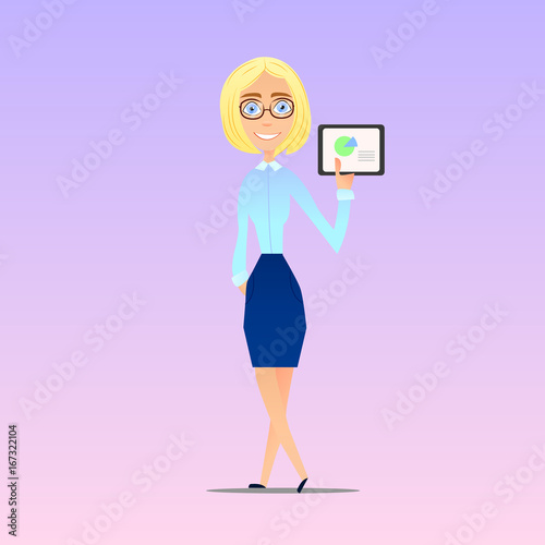Business lady shows the presentation graphics tablet, vector illustration