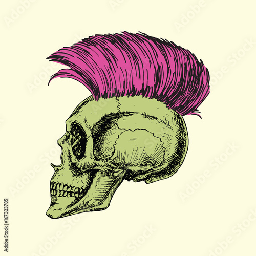 Breakwater iroquois type on skull profile, hand drawn doodle, sketch in woodcut style, black and white vector illustration