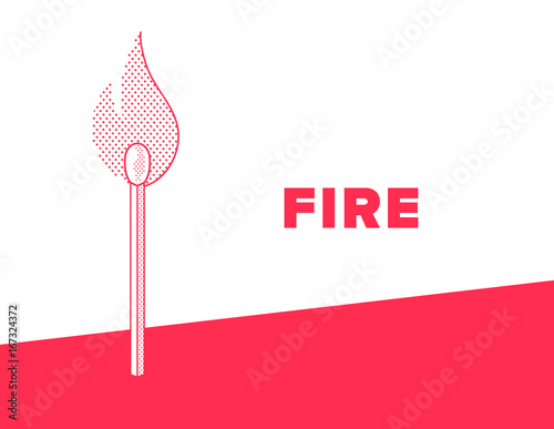 Flaming match banner. Stick with fire dotted style. Red and white color vector illustration.