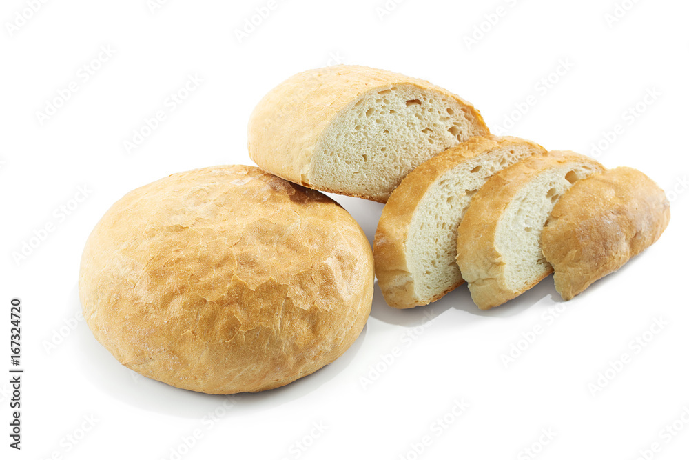 Fresh fragrant white bread with slices isolated on white. Fresh fragrant white bread with slices isolated on white.