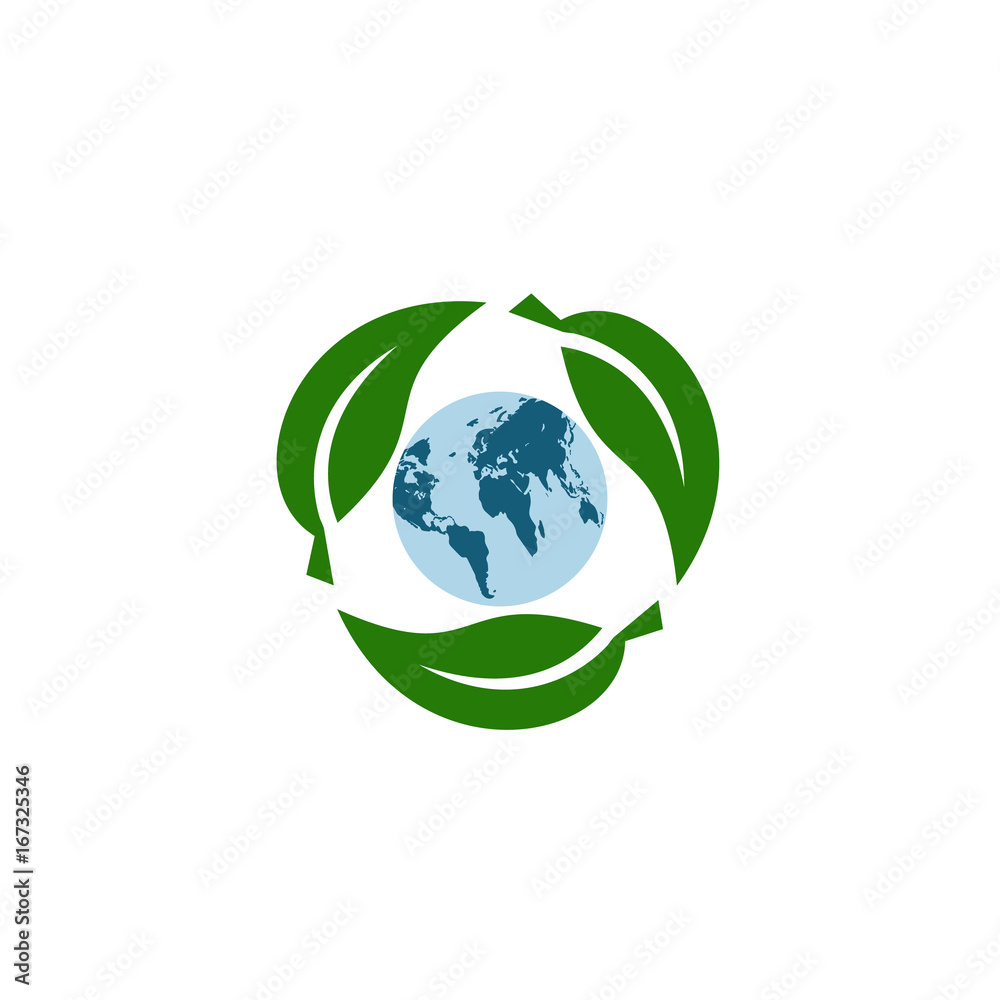 Green leaves, globe. Save earth. Ecology concept, icon. Flat design. Vector illustration on white background. Green leaves, globe. Save earth. Ecology concept, icon. Flat design. Vector illustration on white background.