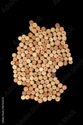 Wine-producing countries - maps from wine corks. Map of Germany on black background. Clipping path included.
