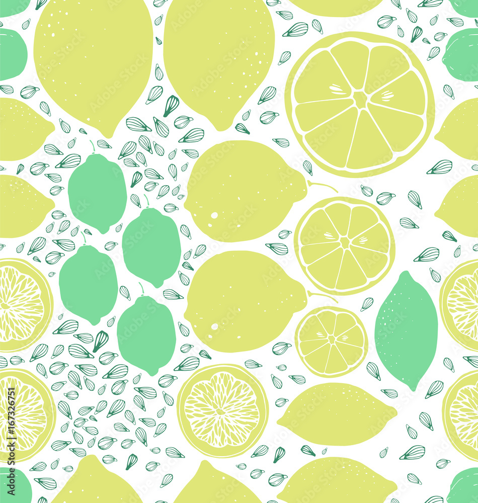 Lemon, a slice of lemon, lemon seeds. Seamless vector background.