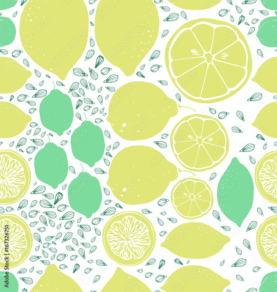 Lemon, a slice of lemon, lemon seeds. Seamless vector background. Lemon, a slice of lemon, lemon seeds. Seamless vector background.