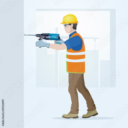 The builder in overalls with the tool in hands. Vector illustration.